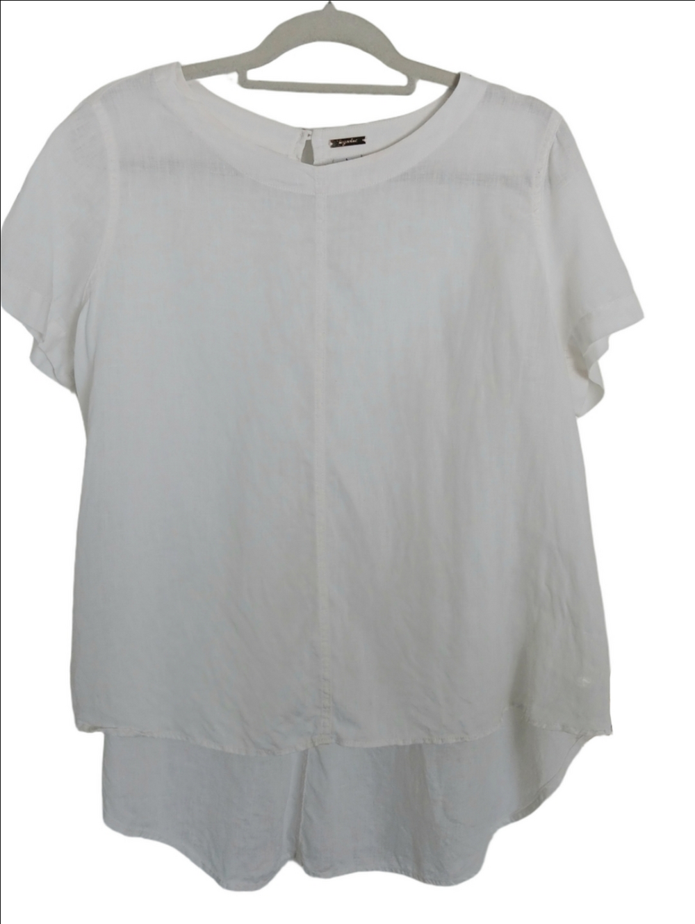 Magaschoni White 100% Linen Short Sleeve Top High-low Keyhole Back Lightweight L